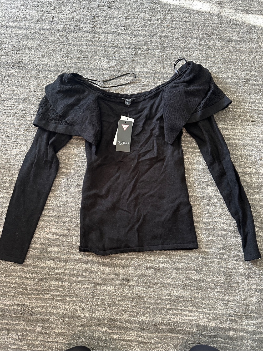 GUESS Black Off-Shoulder Long Sleeve Top with Strap Detail